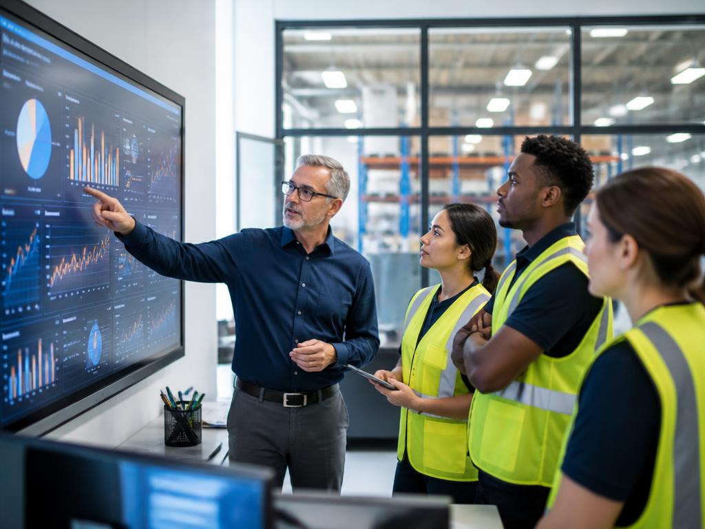 Operations team reviewing a performance dashboard on screen
